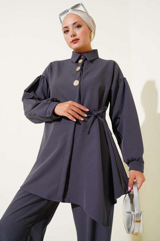 Costume croisé boutonné à lacets sur le côté, couleur fumée