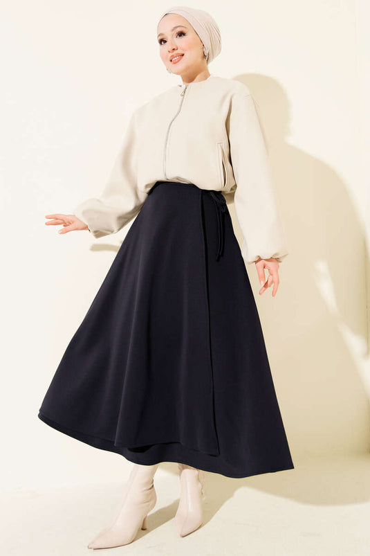 Yan İp Bağcıklı Kloş Scuba Etek Lacivert