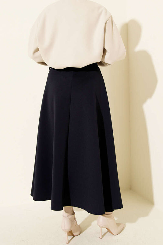 Yan İp Bağcıklı Kloş Scuba Etek Lacivert