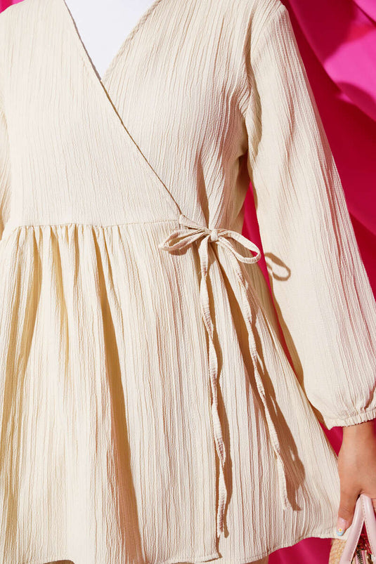 طقم بيج من قطعتين برباط جانبي ونقشة لحاء الشجر