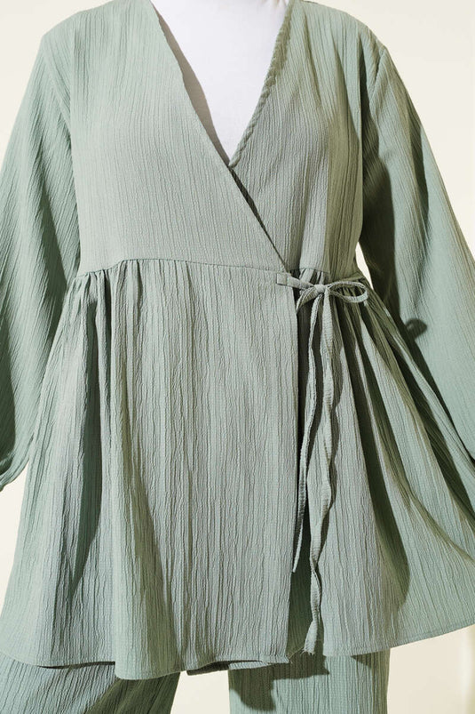 Side Rope Tie Tree Bark Two-Piece Set, Light Green