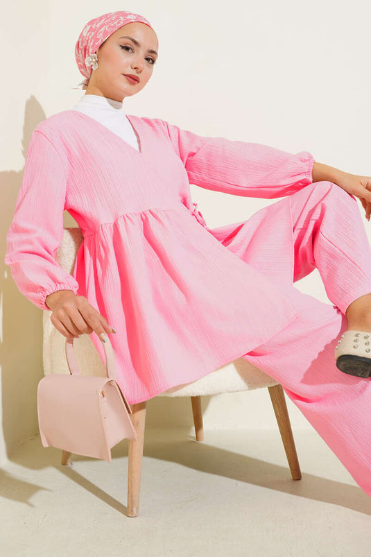 Pink Two-Piece Set with Side Rope Tie and Tree Bark Design