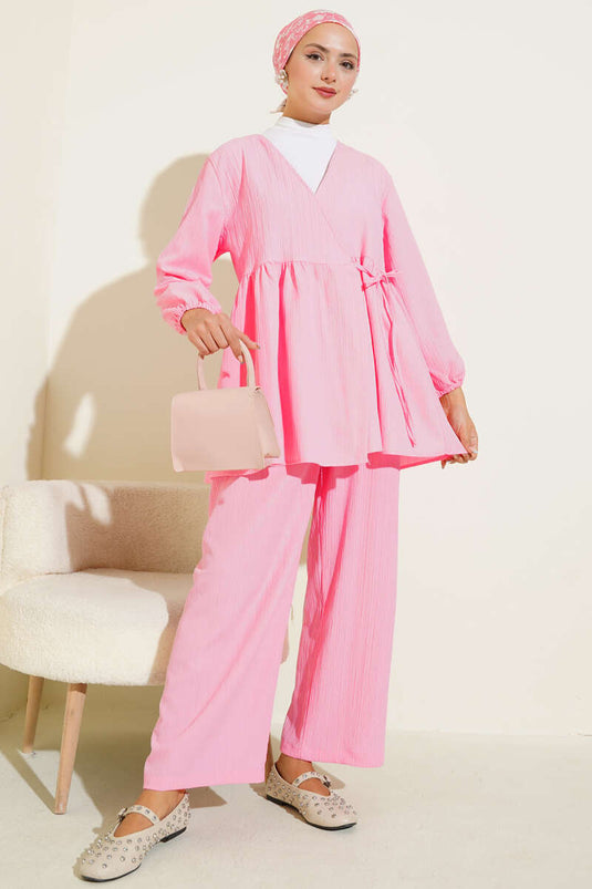 Pink Two-Piece Set with Side Rope Tie and Tree Bark Design