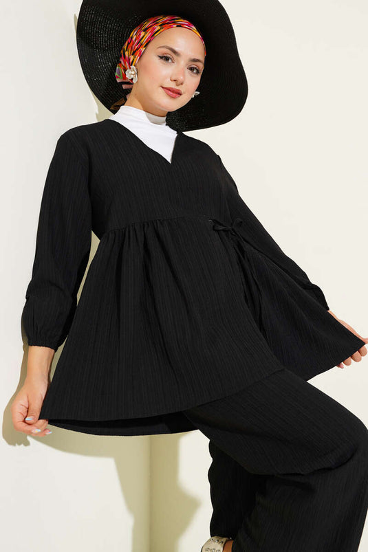 Side Rope Tie Tree Bark Two-Piece Set, Black