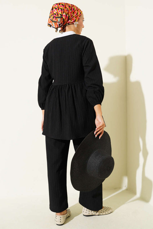 Side Rope Tie Tree Bark Two-Piece Set, Black