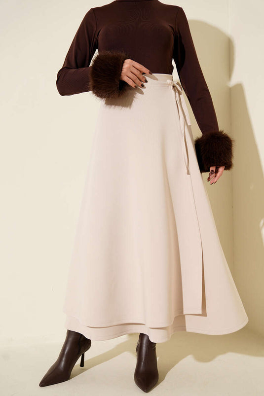 Beige Scuba Skirt with Side Tie