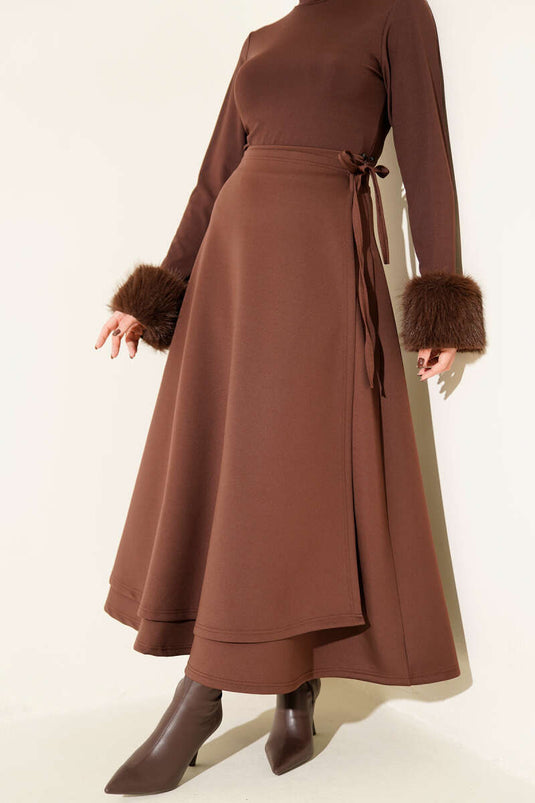 Side Tie Belted Scuba Skirt, Brown