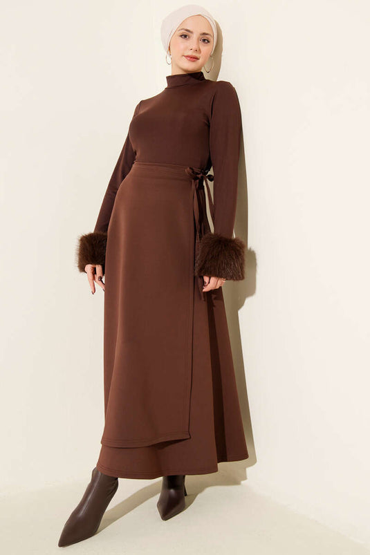 Side Tie Belted Scuba Skirt, Brown