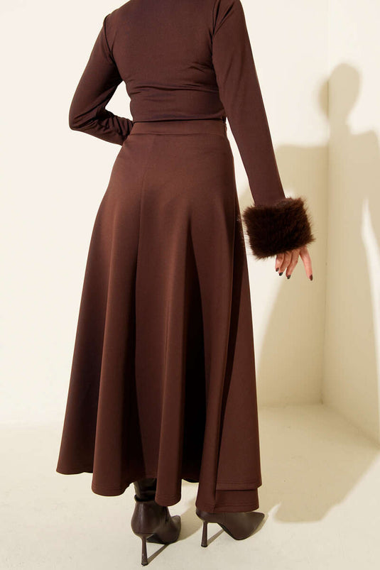 Side Tie Belted Scuba Skirt, Brown