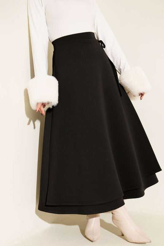 Side Tie Belted Scuba Skirt Black