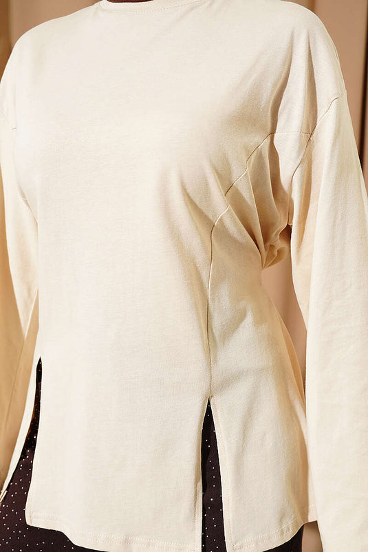 Tunique beige fendue en tissu filé Yan