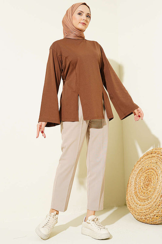 Tunique fendue en fil Yan marron