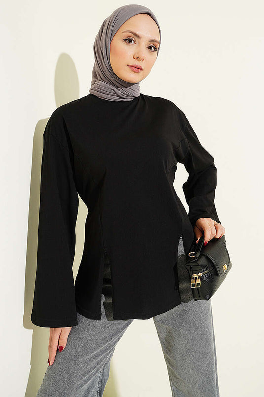Tunique noire fendue en tissu filé Yan