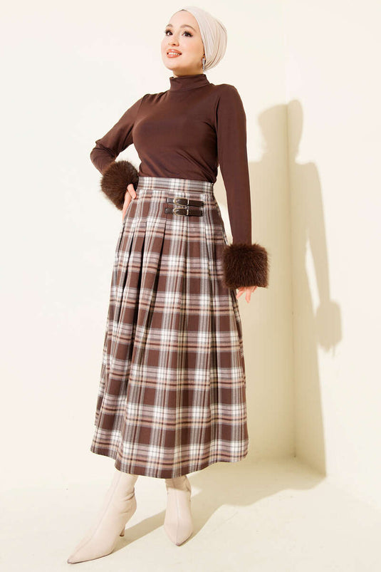 Side Belt Detail Plaid Skirt Coffee