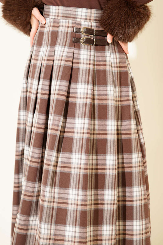 Side Belt Detail Plaid Skirt Coffee