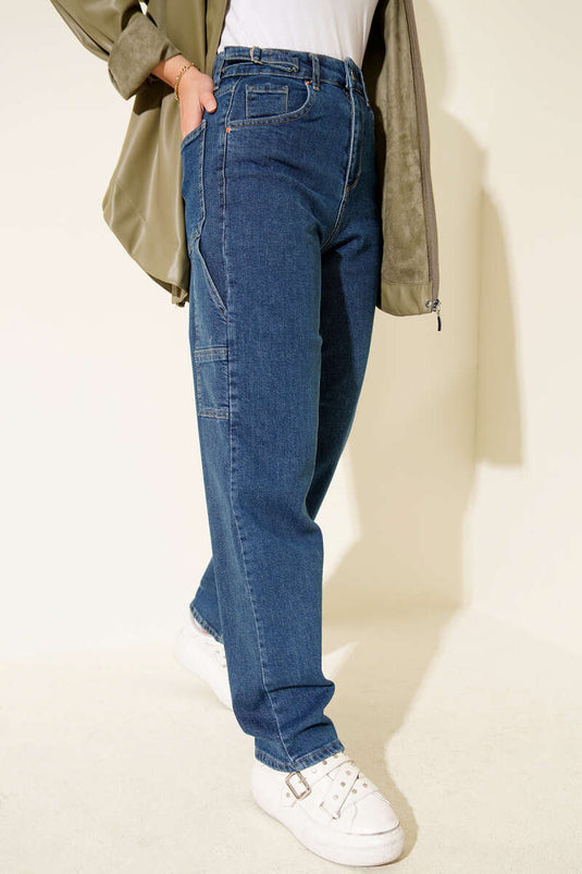 Jean Mom avec boucle de ceinture latérale bleu