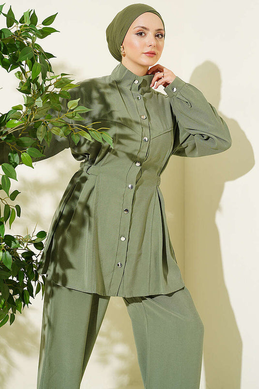 Yan Belt Detailed Tencel Two-Piece Set in Olive Green