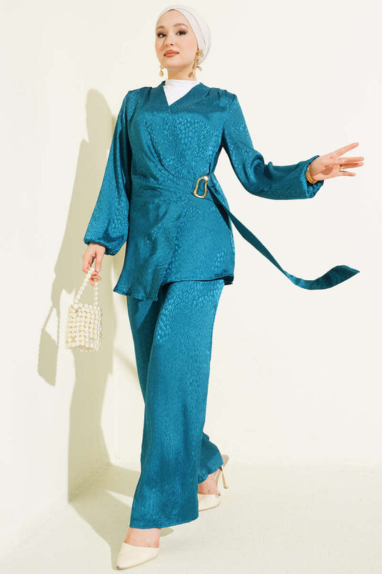 Double Set with Buckle and Jacquard, Side Stripe, Petrol Green