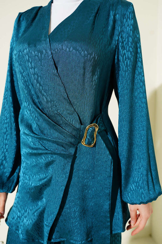 Double Set with Buckle and Jacquard, Side Stripe, Petrol Green