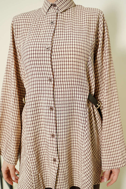 Chemise à carreaux avec ceinture élastique Yan, couleur café