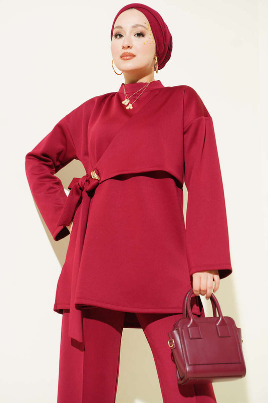 Side Piece Tied Scuba Two-Piece Set Burgundy