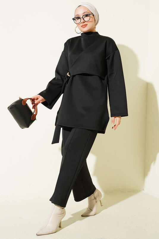 Side Piece Tied Scuba Two-Piece Set Black