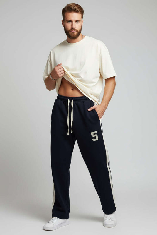 بنطال رياضي رجالي بخط جانبي، أسود