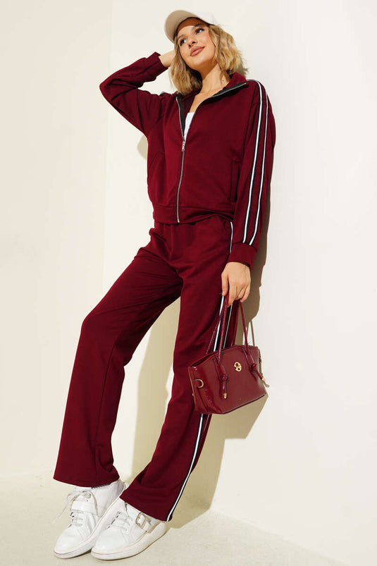 Two-Piece Set with Side Stripe and Zipper, Burgundy
