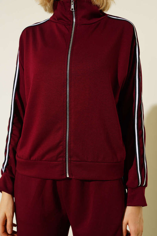 Two-Piece Set with Side Stripe and Zipper, Burgundy