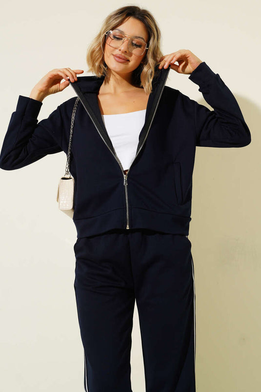 Yan Şeritli Fermuarlı İkili Takım Lacivert