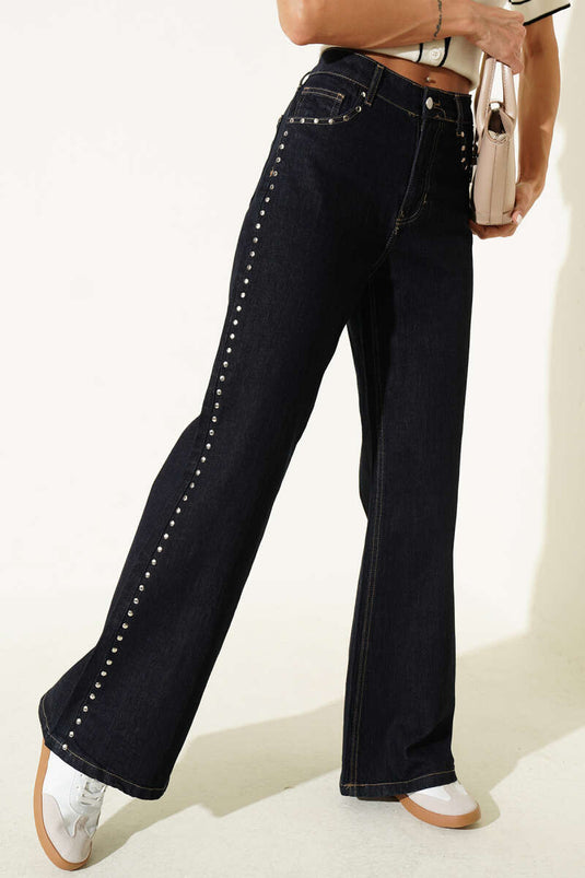 Blauwe Wijde Jeans Met Zijversieringen