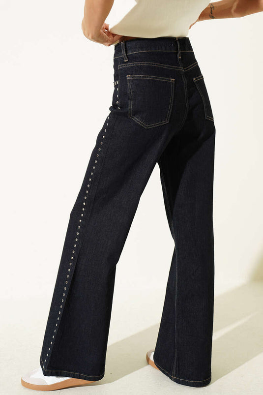 Blauwe Wijde Jeans Met Zijversieringen
