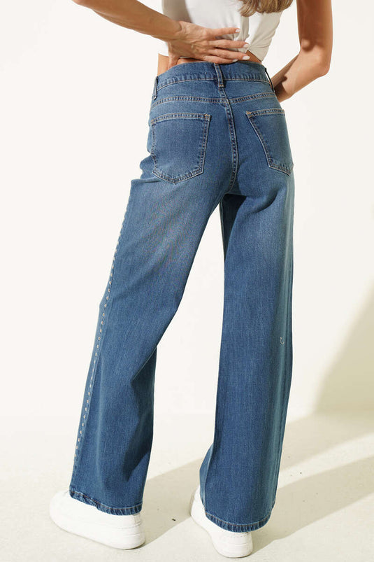 Blue Wide Leg Jeans With Side Embellishments