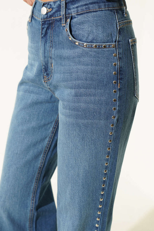 Blue Wide Leg Jeans With Side Embellishments
