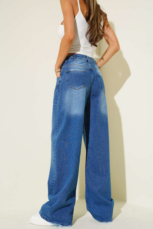 Side Buckle Distressed Baggy Denim Jeans Blue