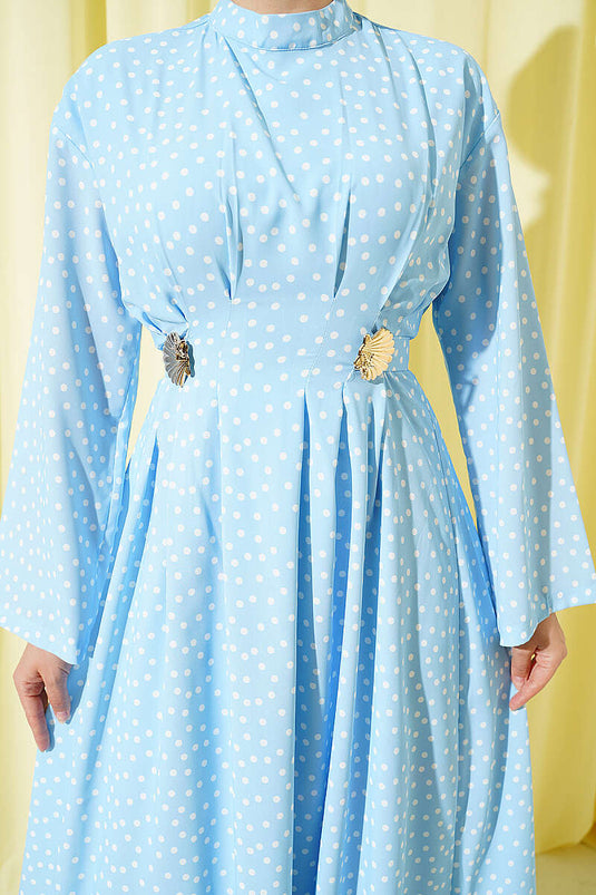 Blue Dress with Side Buckle and Polka Dot Pleats