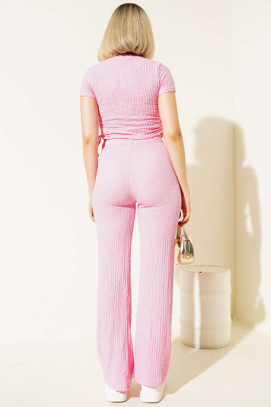 Side Tunnel Crop Waffle Two-Piece Set Pink