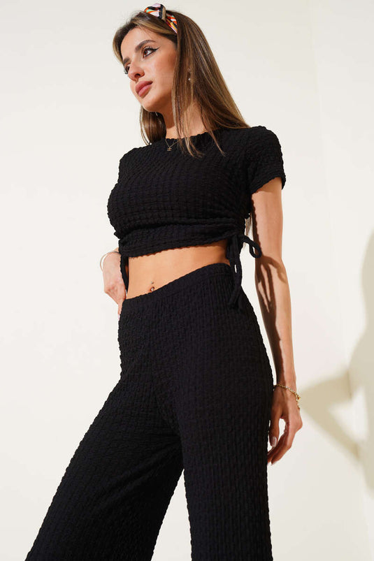 Zweiteiliges Tunnel-Crop-Set aus Seersucker, schwarz