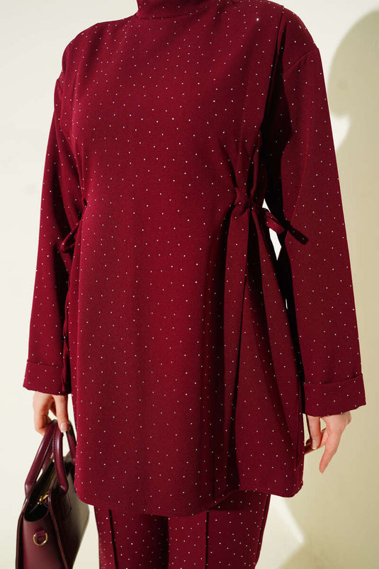 يان تونيللي طقم مزدوج مزخرف بحجر باللون القرمزي