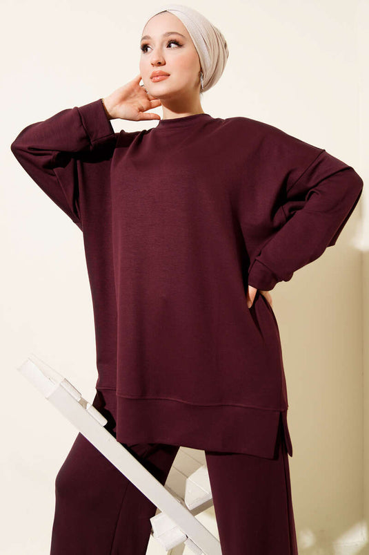 Loyşa Two Piece Suit with Side Slit Detail, Burgundy