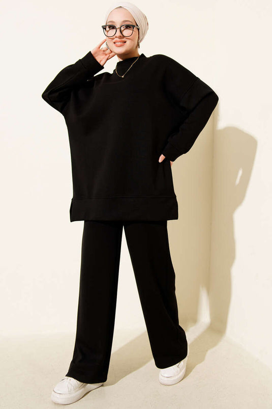 Side Slit Detailed Loysha Two Piece Suit Black