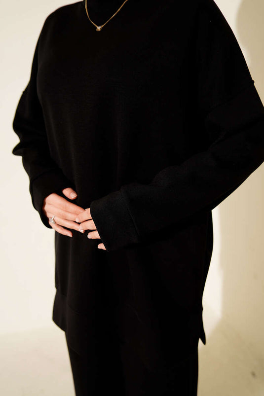 Side Slit Detailed Loysha Two Piece Suit Black