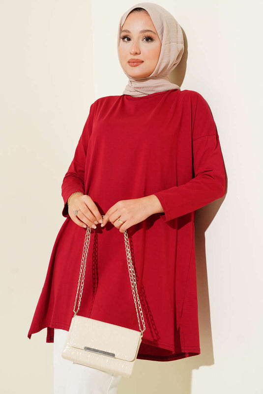 Yan Yırtmaçlı Basic Tunik Bordo