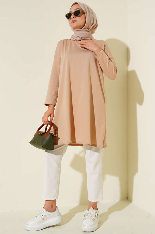 Yan Yırtmaçlı Basic Tunik Camel