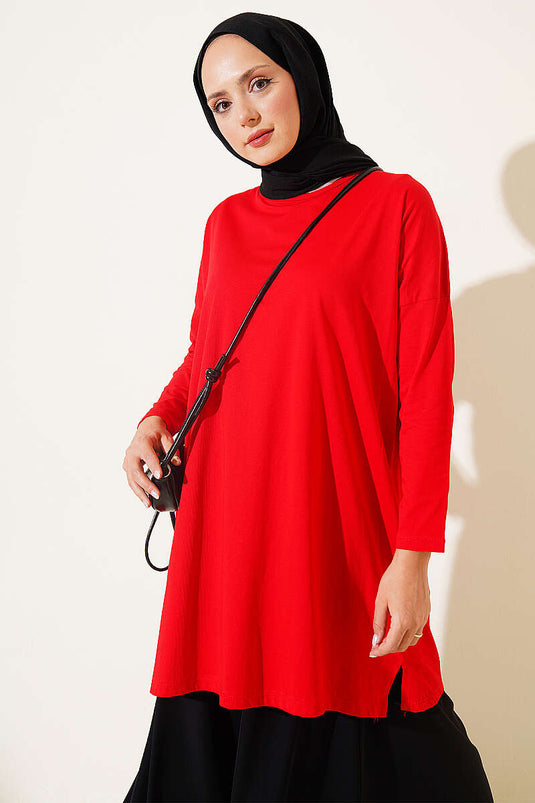 Red Basic Tunic With Side Slit