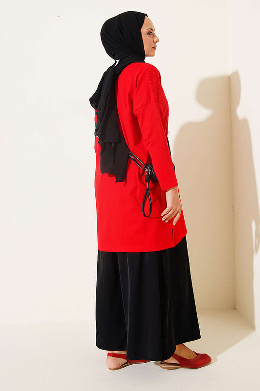 Red Basic Tunic With Side Slit