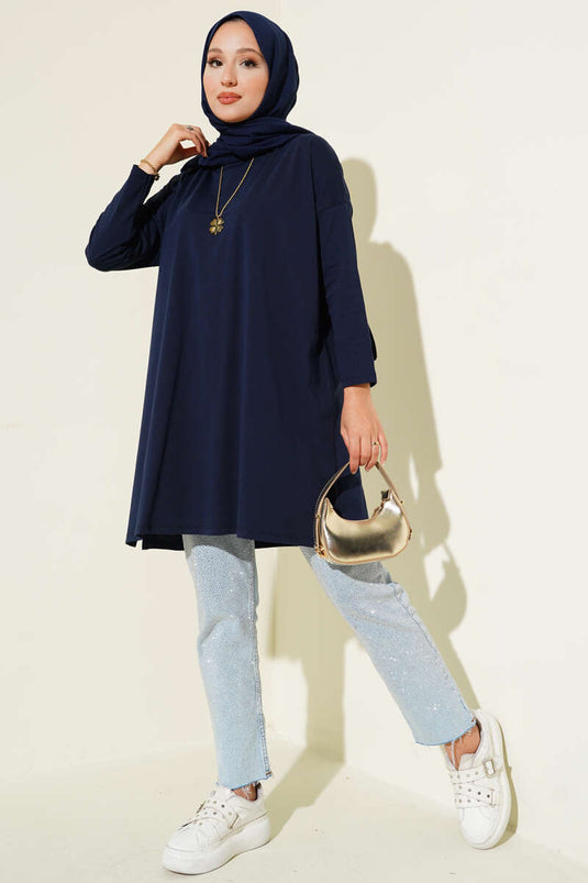 Basic Tunic with Side Slits, Navy Blue