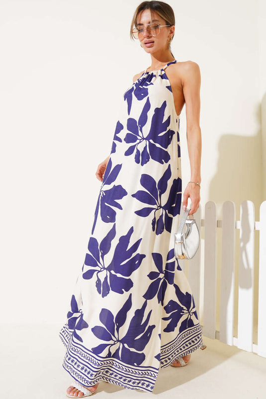 Gemustertes Kleid mit Seitenschlitz, marineblau