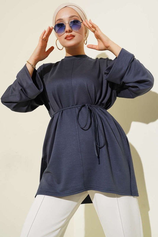 تونيك بأكمام مزدوجة وفتحة جانبية، رمادي دخاني