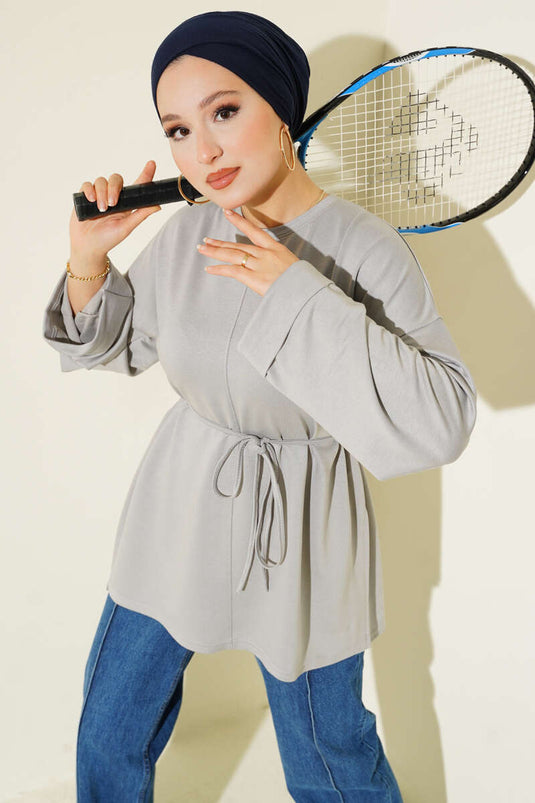 Side Slit Double Sleeve Tunic Gray